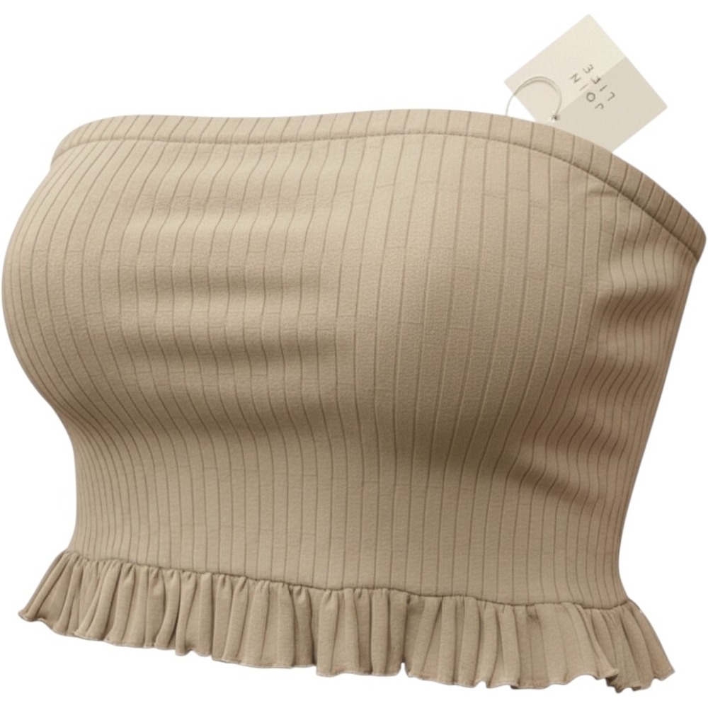 Zara Tube Top Women Large Beige New Ruffle Hem Textured Knit Strapless Crop